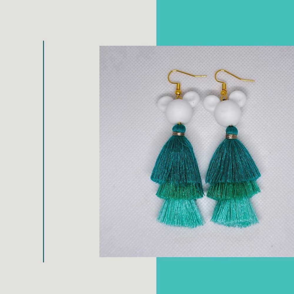 Handmade Teal green Mickey tassel earrings!! - Picture 2 of 2